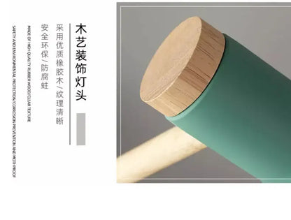 Teal creative nordic table lamp with natural wood finish cap designed as a wooden art bedside reading light
