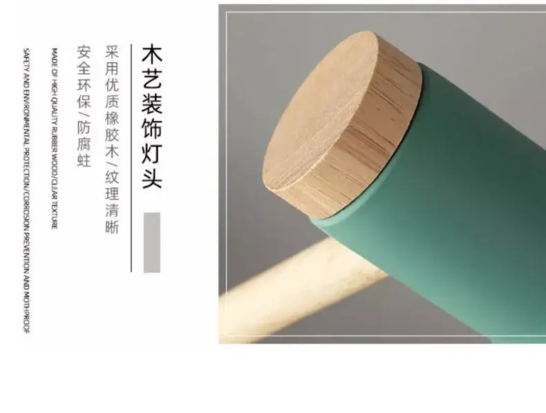 Teal creative nordic table lamp with natural wood finish cap designed as a wooden art bedside reading light