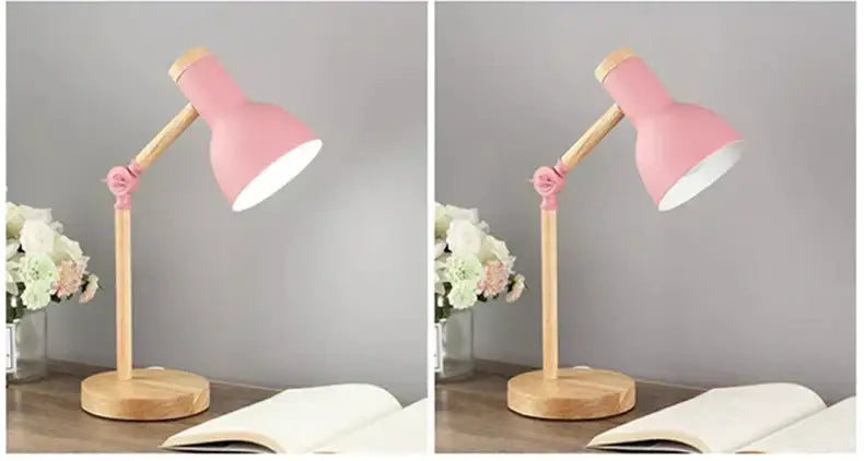Pink metal creative nordic table lamp with wooden base and articulated arm for bedside reading and study use