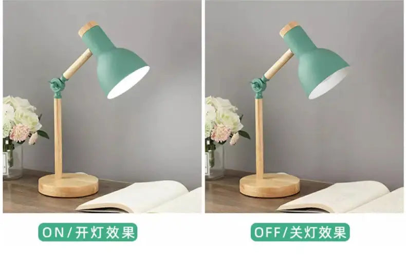 Teal metal nordic table lamp with wooden base and arm for bedside desk use eye protection reading light