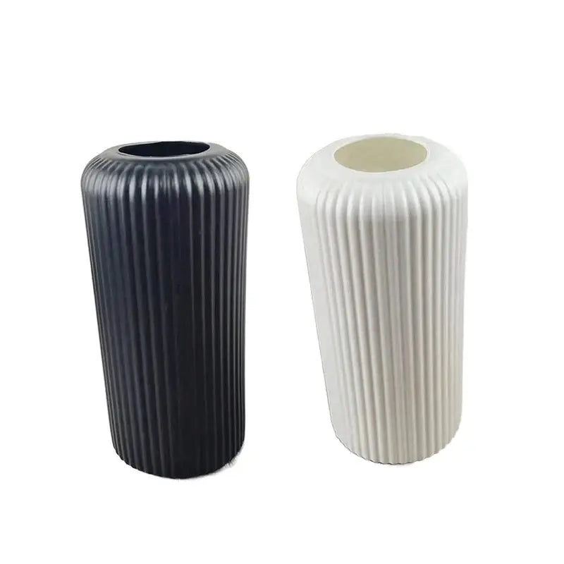 Decorbites™ creative striped plastic flower vase set with two vertical ribbed vases in matte black and off-white for floral arrangements