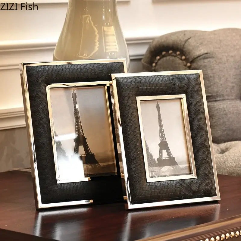 DecorBites crocodile leather modern black photo frame with silver border featuring sepia eiffel tower images