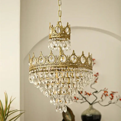 Gold-toned decorbites crown crystal chandelier pendant light with clear crystal droplets for bedroom lighting