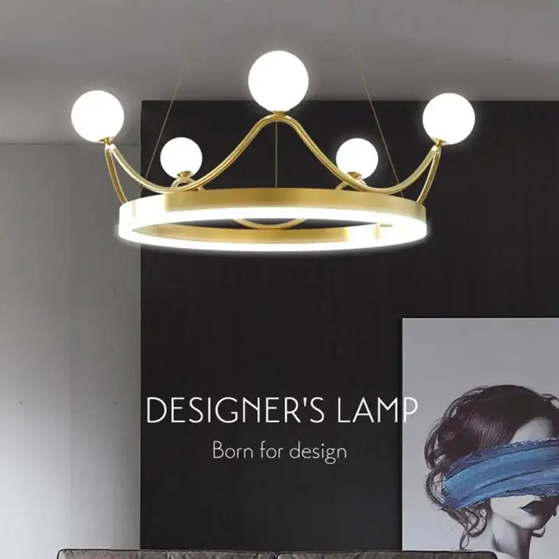 Gold-toned crown led chandelier with five white globe bulbs for kids room pendant light by Decorbites crown led