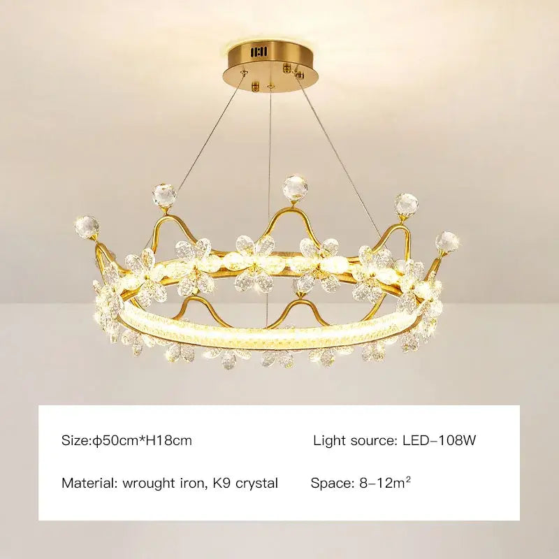 Gold crown-shaped chandelier with clear k9 crystals and led light source decorbites crown petal led bedroom light