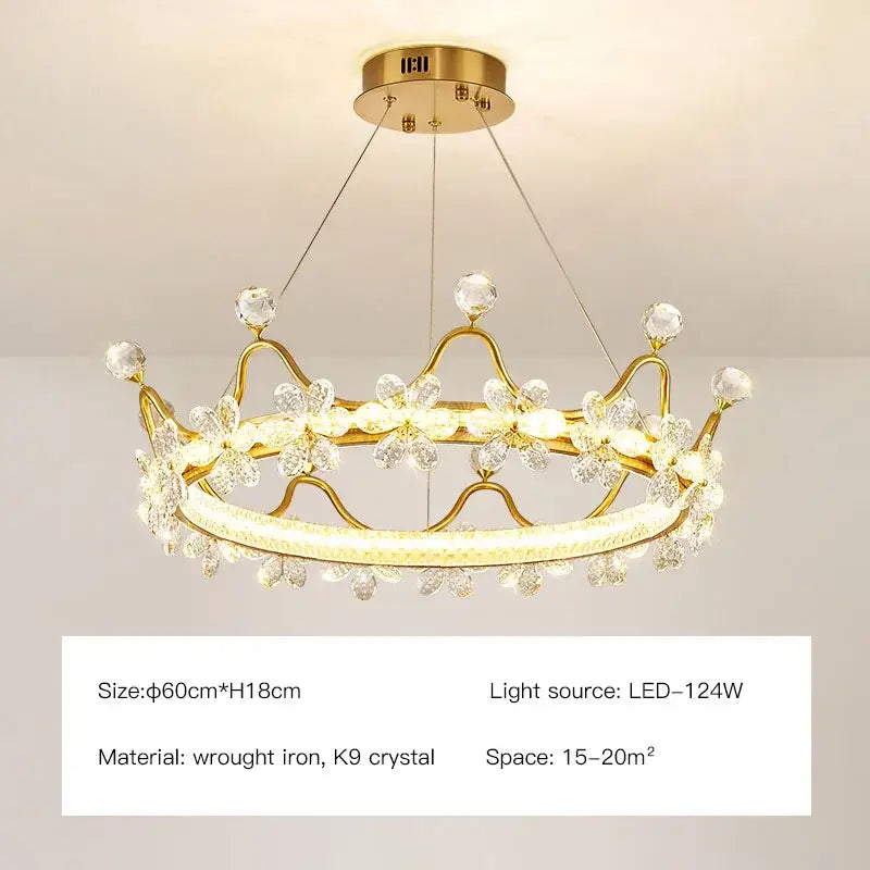 Gold Decorbites crown petal led chandelier with clear K9 crystals and LED lighting for elegant bedroom lighting