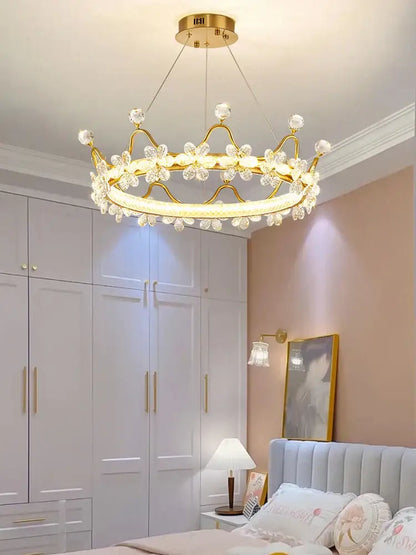 Gold decorbites crown petal led crystal chandelier with sparkling flowers and circular led light ring for bedroom lighting