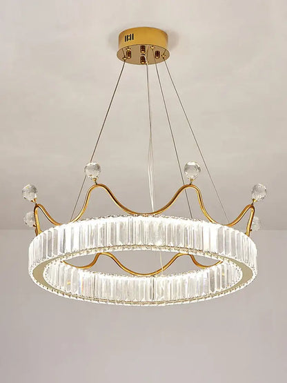 Gold-toned decorbites crown petal led chandelier with clear crystal accents for elegant bedroom lighting