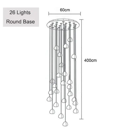 A modern 400cm decorbites crystal ball chandelier with 26 teardrop glass lights and metallic rods for dining room