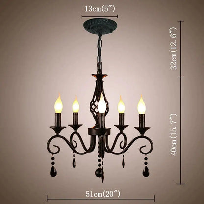 Decorbites crystal black chandelier with five candle-style bulbs and dangling crystal droplets for dining room lighting
