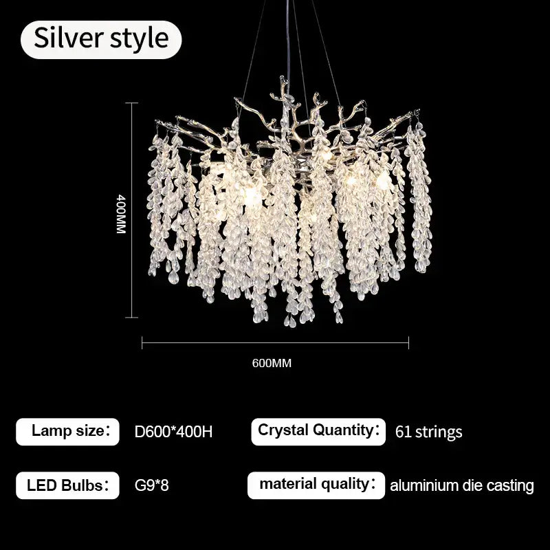Elegant silver-toned decorbites crystal branch chandelier with cascading crystal strands and aluminum die-cast frame for living room