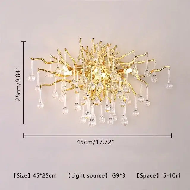 Gold-toned decorbites crystal branch chandelier with intricate arms and crystal droplets for living room LED pendant light