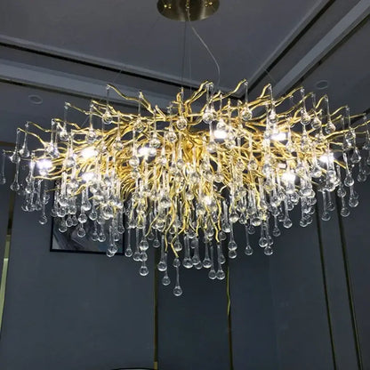 Golden decorbites crystal branch chandelier with dangling crystal teardrop pendants for living room led pendant light