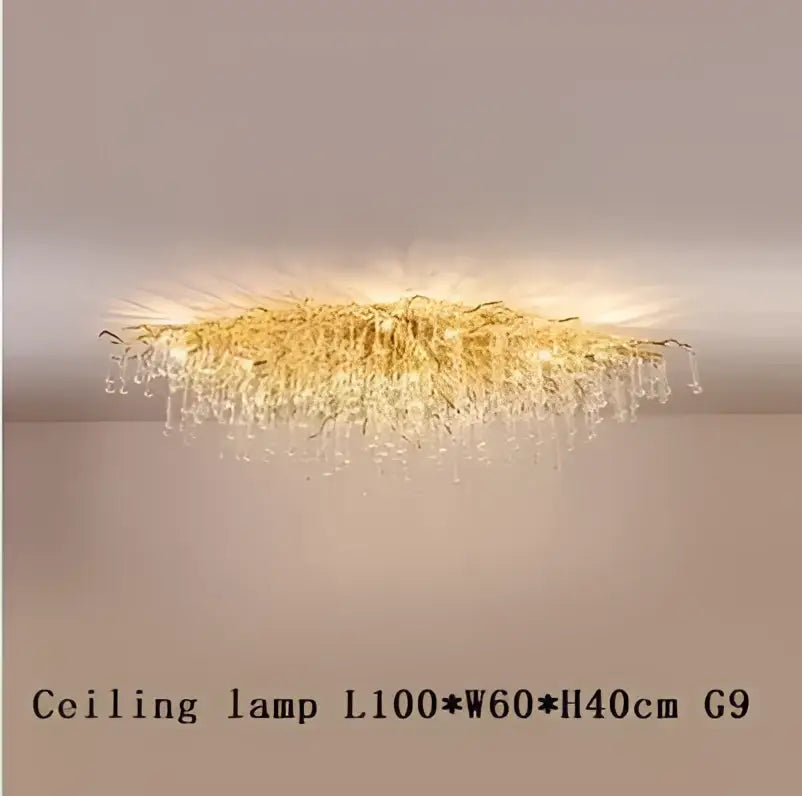 Golden decorbites crystal branch chandelier with cascading glass droplets and sunburst design for living room lighting