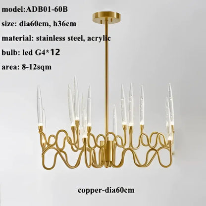 Gold-toned copper decorbites crystal branch chandelier with sleek intertwined arms and acrylic candle bulbs for dining room lighting