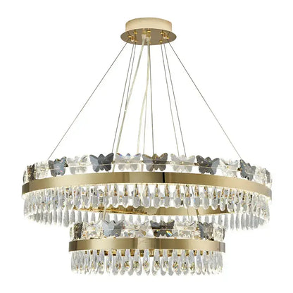 Gold-toned Decorbites crystal butterfly chandelier with two tiers of crystal droplets for butterfly living room luxury
