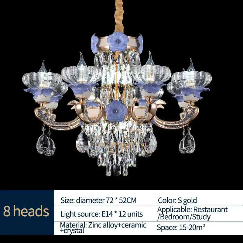 Elegant gold-toned decorbites crystal candle chandelier with eight floral heads and clear crystal droplets for living room