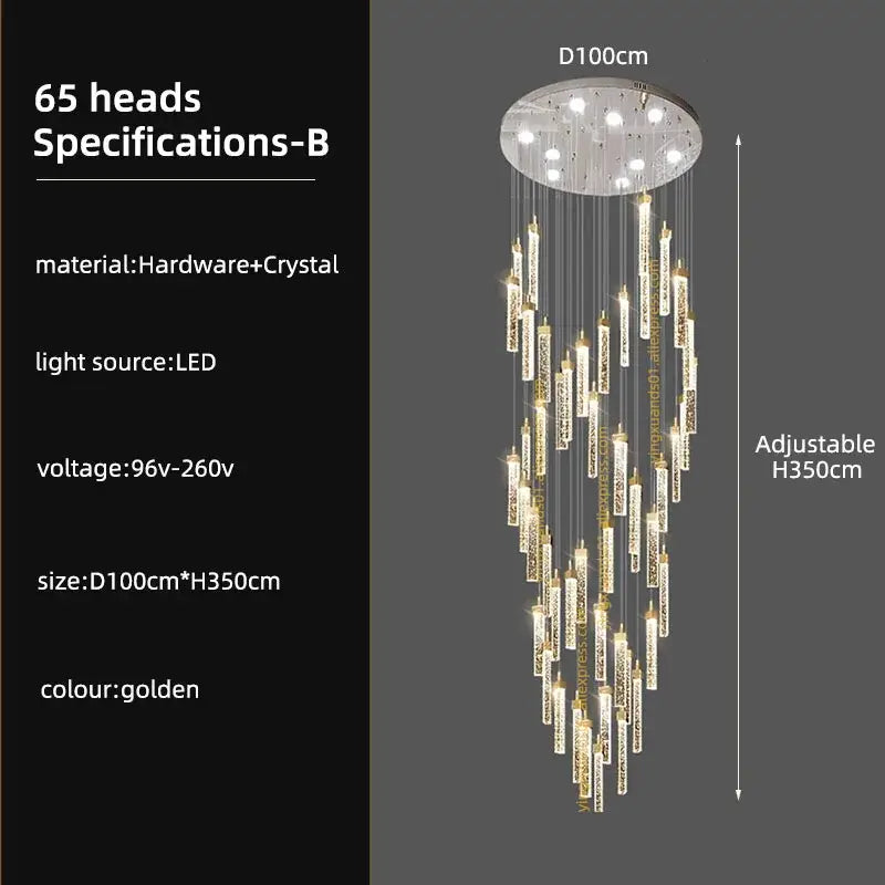 DecorBites crystal ceiling chandelier featuring 65 crystal-encrusted led light heads on gold circular base