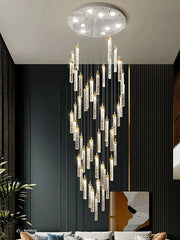 Modern circular decorbites crystal ceiling chandelier with cascading crystal rods and gold-toned accents for staircases