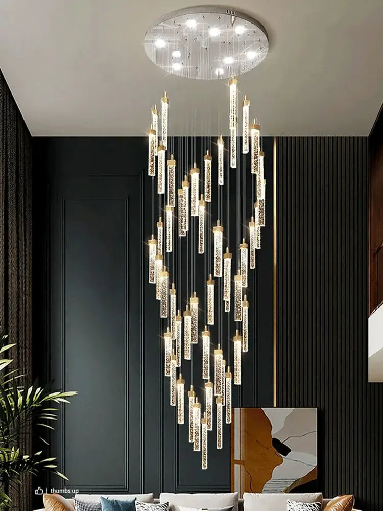 Modern circular decorbites crystal ceiling chandelier with cascading crystal rods and gold-toned accents for staircases