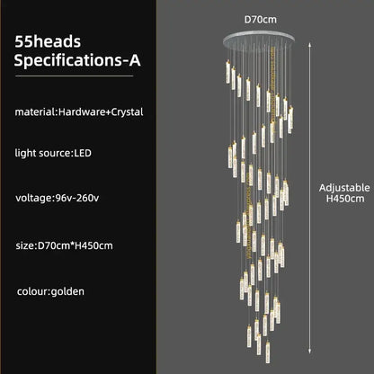 Golden decorbites crystal ceiling chandelier with 55 crystal-encased led lights suspended from circular base