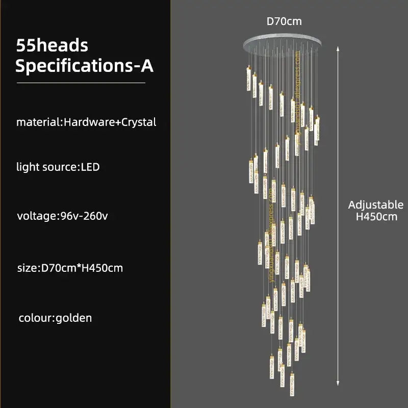 Golden decorbites crystal ceiling chandelier with 55 crystal-encased led lights suspended from circular base