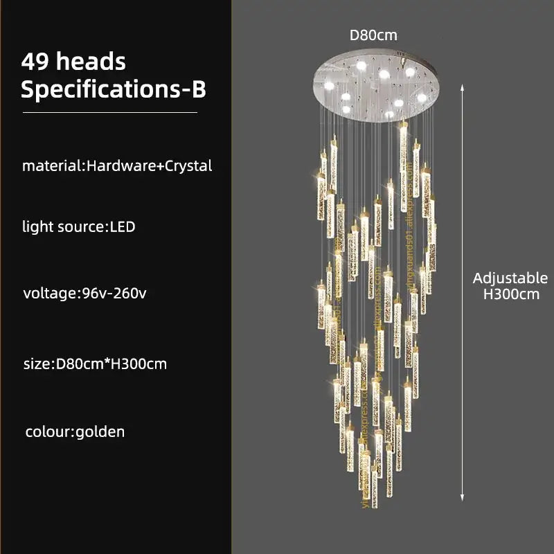 Golden decorbites crystal ceiling chandelier with 49 crystal encrusted led light heads for modern staircase lighting
