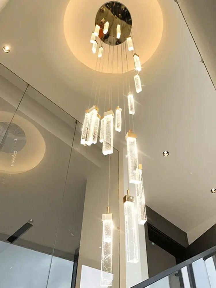 DecorBites crystal ceiling chandelier with clear rectangular crystal pendants and gold-toned circular fixture for staircases