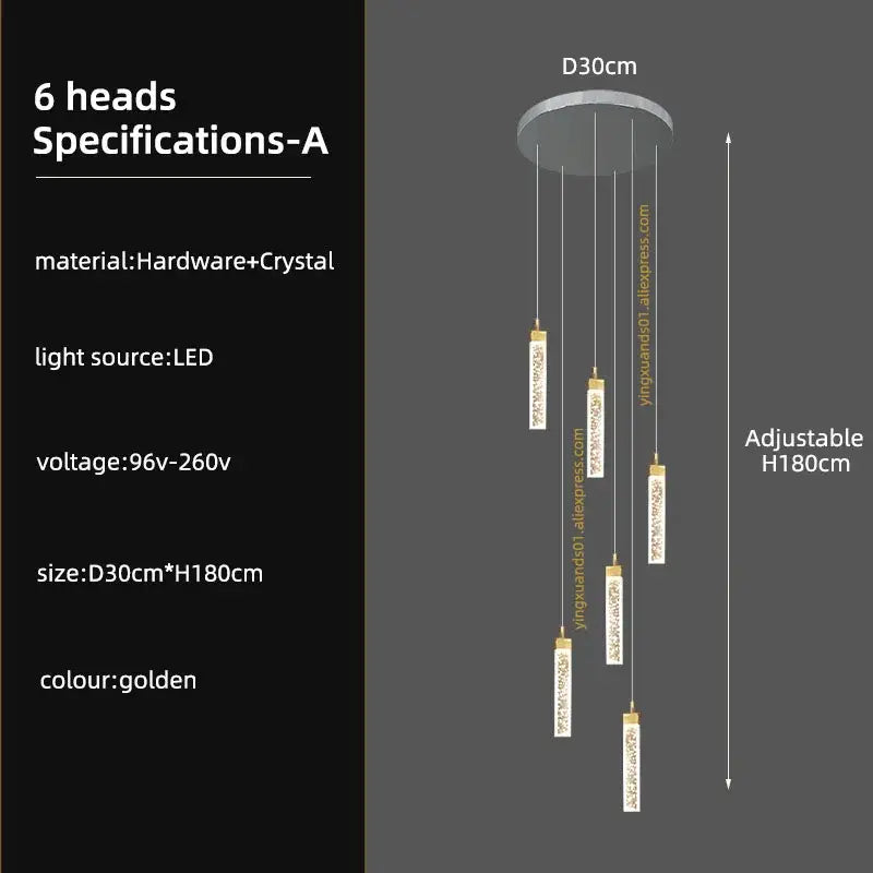 Golden six-head decorbites crystal ceiling chandelier with crystal accents and led lighting for modern staircase use