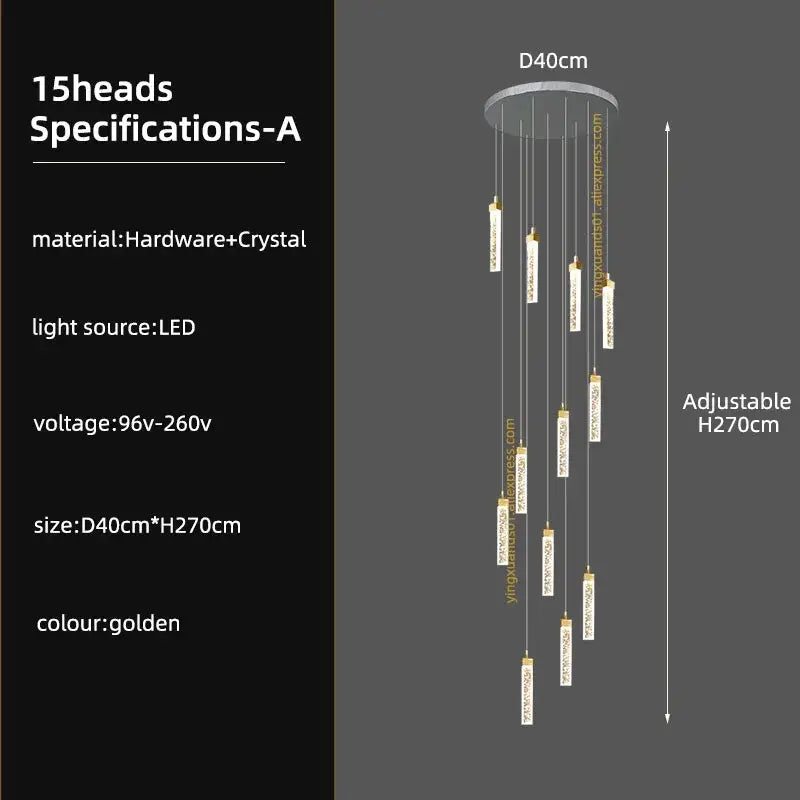 Golden decorbites crystal ceiling chandelier with 15 crystal-encrusted led lights suspended from circular base