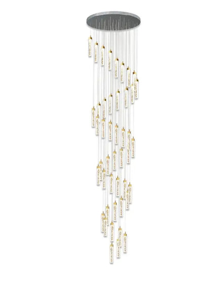 Modern minimalist decorbites crystal ceiling chandelier with clear glass cylinders and gold-toned accents for staircase lighting