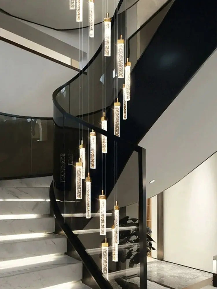 Decorbites crystal ceiling chandelier with slender crystal-encrusted glass tubes and gold-toned fixtures for modern spaces