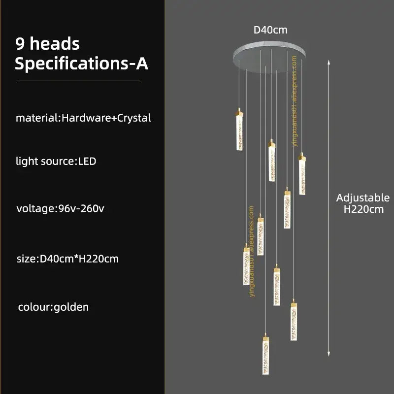Golden nine-head decorbites crystal ceiling chandelier with crystal accents and led lighting for modern staircase spaces