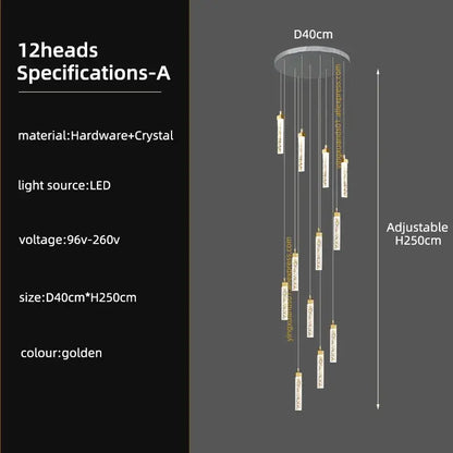 Golden 12-head decorbites crystal ceiling chandelier with crystal accents and led lighting for modern staircase decor