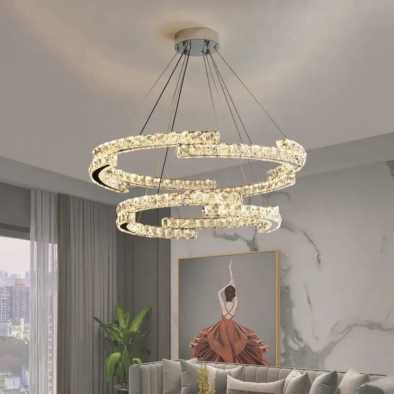 Modern decorbites crystal ceiling chandelier with clear faceted crystals and chrome frame for living room lighting
