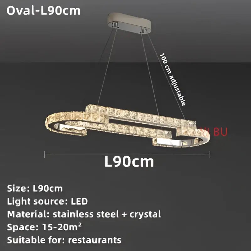 A modern oval-shaped decorbites crystal ceiling chandelier with stainless steel frame and sparkling crystal accents