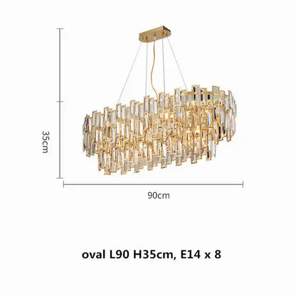 Gold-toned decorbites crystal ceiling chandelier with cascading rectangular crystal prisms in stainless steel lustre design