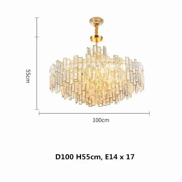Gold-toned DecorBites crystal ceiling chandelier with cascading rectangular crystal prisms in modern stainless steel design
