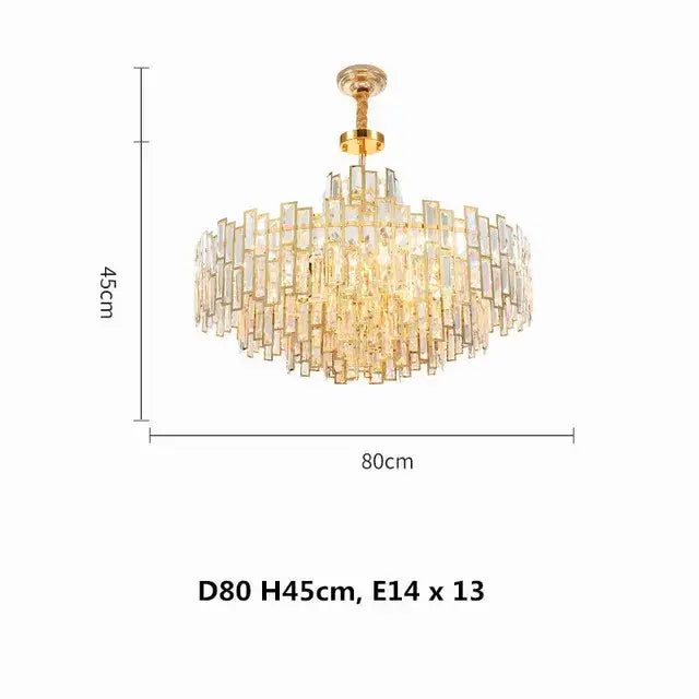 Elegant gold-toned decorbites crystal ceiling chandelier with cascading clear glass rectangular crystals in stainless steel