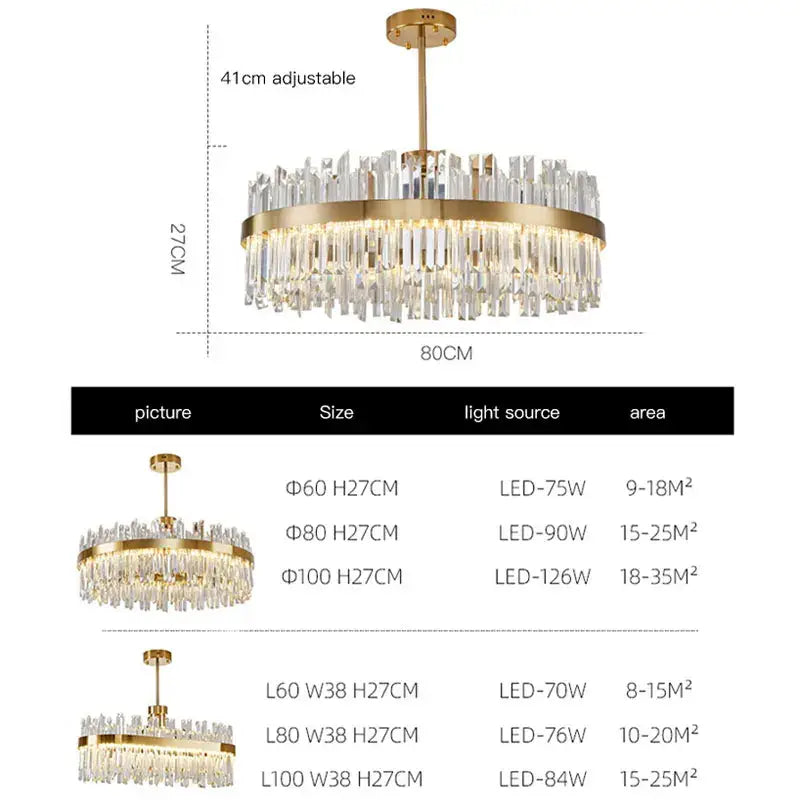 Decorbites crystal ceiling chandelier with gold-toned circular frame and dangling crystal rods for living and dining rooms