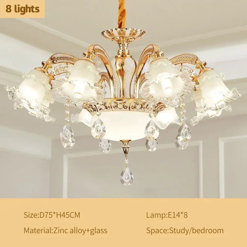 Gold-toned decorbites crystal ceiling chandelier with eight frosted glass lampshades and crystal teardrop pendants