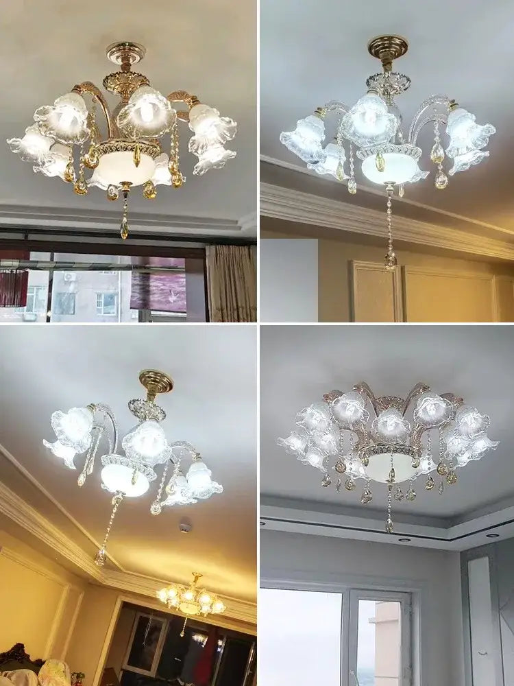 Elegant gold-toned decorbites crystal ceiling chandelier with frosted glass flower shades and crystal accents for luxury spaces