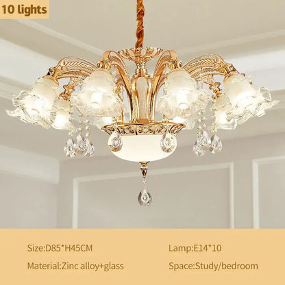 Gold-toned DecorBites crystal ceiling chandelier with ten frosted glass lampshades and crystal teardrop accents for luxury spaces