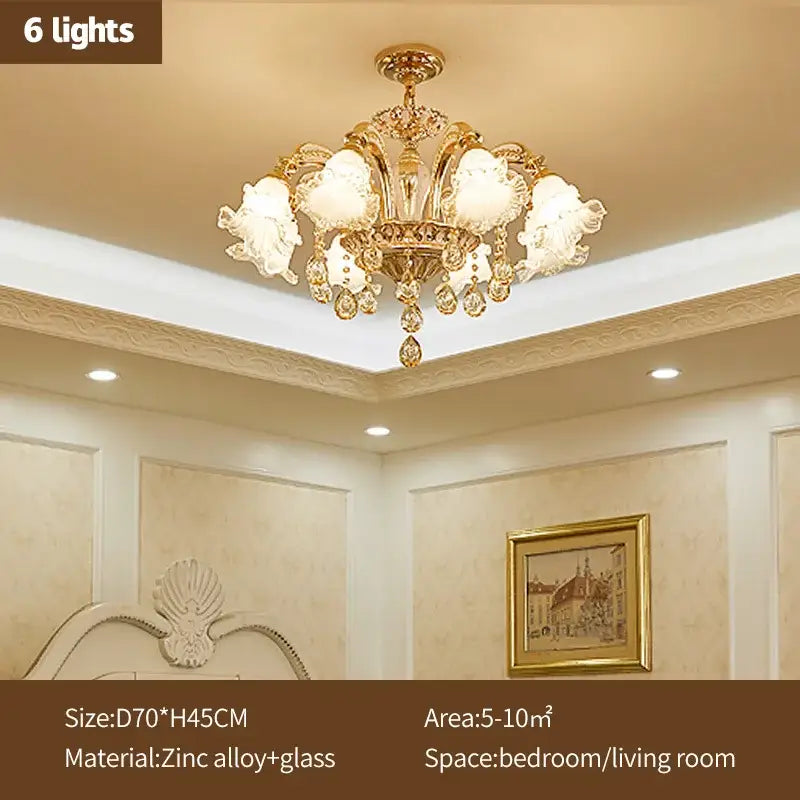 Gold-toned decorbites crystal ceiling chandelier with six frosted glass shades and crystal accents for luxury spaces