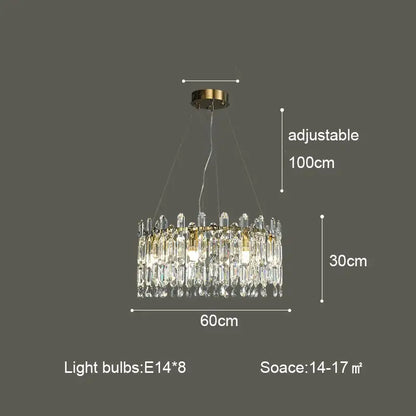 DecorBites crystal ceiling chandelier with gold metal frame and clear glass prisms adjustable to 100cm height for luxury indoor lighting