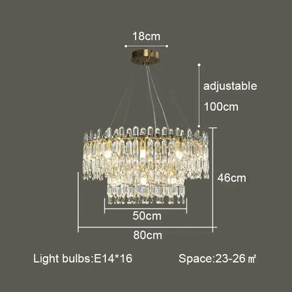 A decorbites crystal ceiling chandelier with a gold metal frame and cascading clear glass prisms for luxury indoor lighting