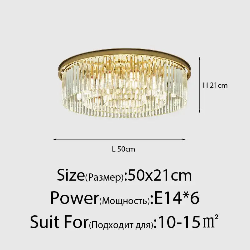 Gold-toned decorbites crystal ceiling chandelier with cascading clear crystal prisms for living and dining rooms
