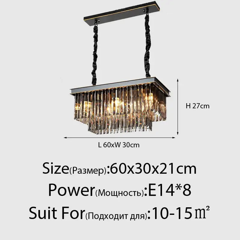 Modern black metal frame decorbites crystal ceiling chandelier with hanging chains and cascading clear crystal prisms for living room