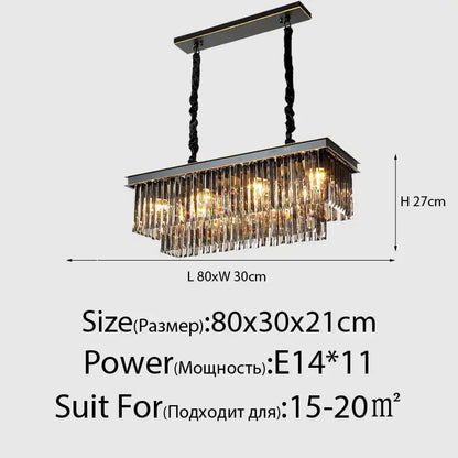 Rectangular decorbites crystal ceiling chandelier with sleek black metal frame and twisted hanging cords for living room