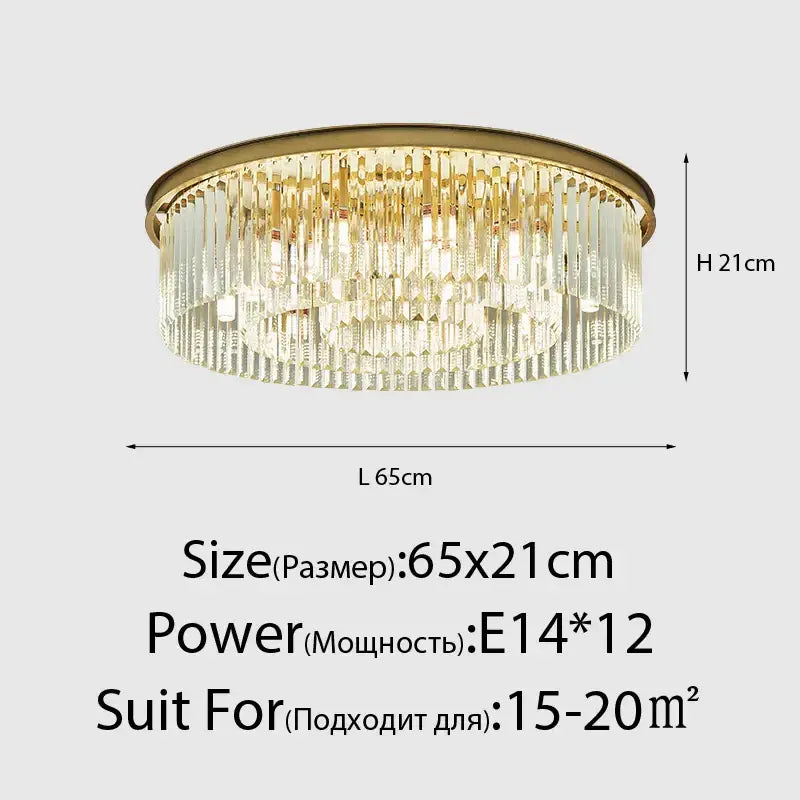Gold-toned decorbites crystal ceiling chandelier with cascading clear crystal prisms for living and dining rooms